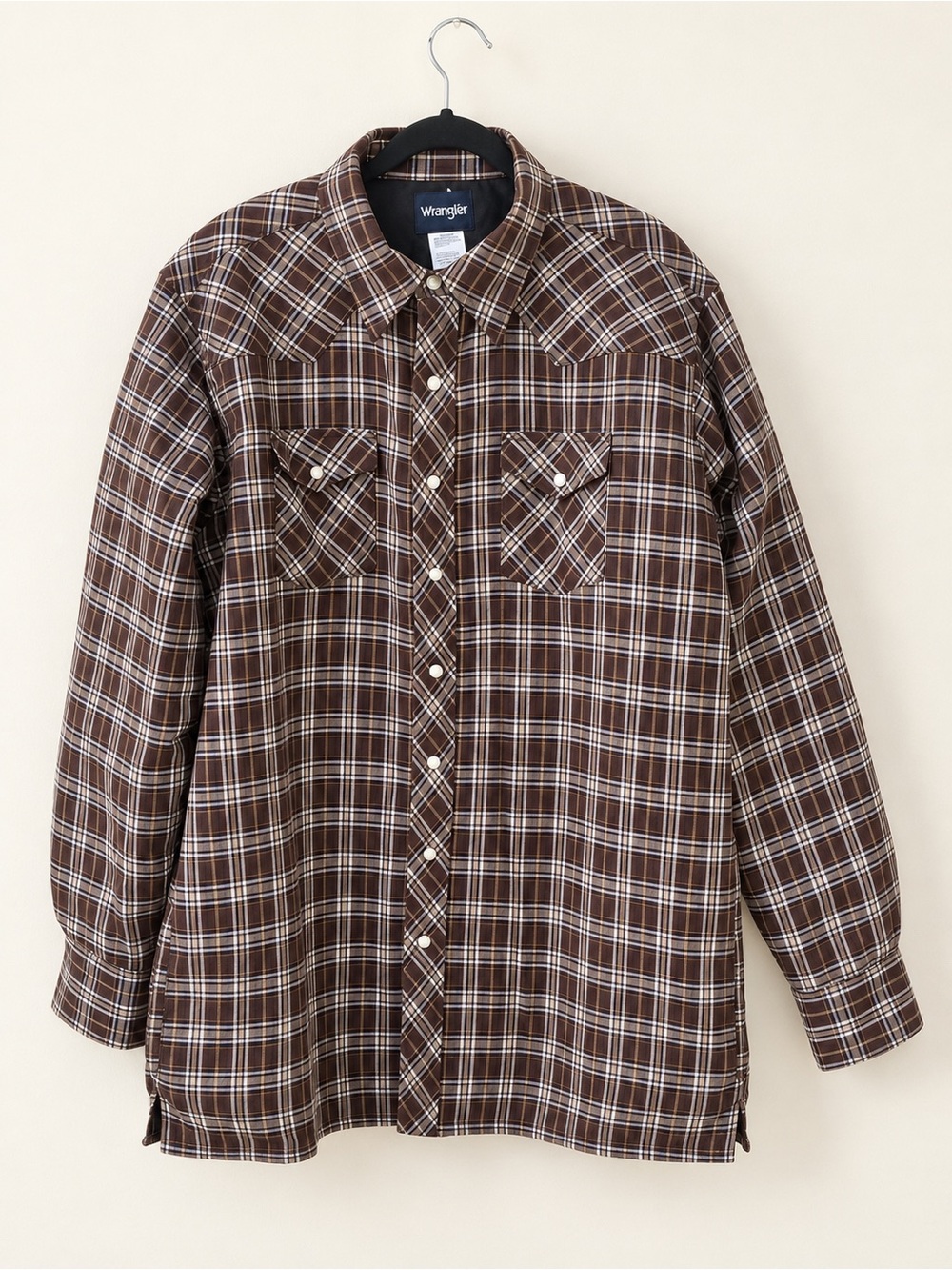 Wrangler Brown Plaid Quilted Lined Western Shirt Jacket Men’s XL Pearl Snap